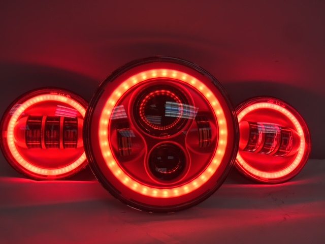 7" DAYMAKER Red With Red HALO Headlight Dual 4.5" - 4 1/2" AUX Black Spot Passing LED Fog Lights Bulb Harley SET