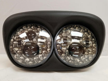 DUAL 7" DAYMAKER CUSTOM SKULL LED ROAD GLIDE Black Light Bulb Headlight Motorcycle Harley   Bezel