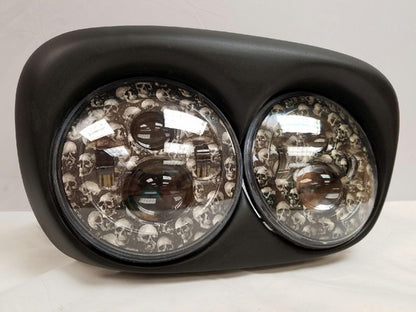 DUAL 7" DAYMAKER CUSTOM SKULL LED ROAD GLIDE Black Light Bulb Headlight Motorcycle Harley   Bezel