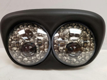 DUAL 7" DAYMAKER CUSTOM SKULL LED ROAD GLIDE Black Light Bulb Headlight Motorcycle Harley   Bezel