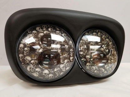 DUAL 7" DAYMAKER CUSTOM SKULL LED ROAD GLIDE Black Light Bulb Headlight Motorcycle Harley   Bezel