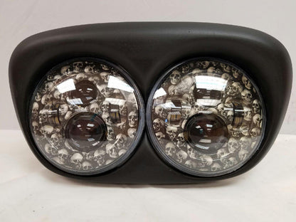 DUAL 7" DAYMAKER CUSTOM SKULL LED ROAD GLIDE Black Light Bulb Headlight Motorcycle Harley   Bezel