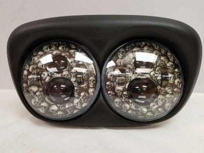 DUAL 7" DAYMAKER CUSTOM SKULL LED ROAD GLIDE Black Light Bulb Headlight Motorcycle Harley   Bezel