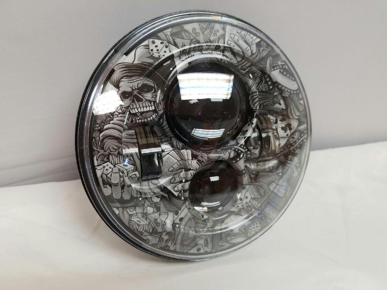 7" DAYMAKER Replacement Dicey Gamble Design Projector HID LED Light Bulb Headlight Motorcycle Harley