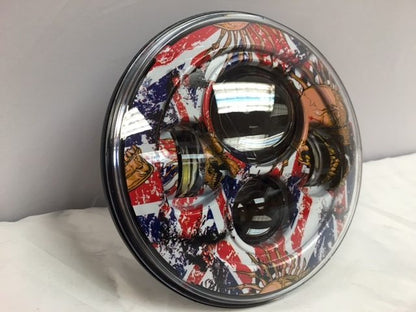 7" DAYMAKER Replacement British Skulls Design Projector HID LED Light Bulb Headlight Motorcycle Harley