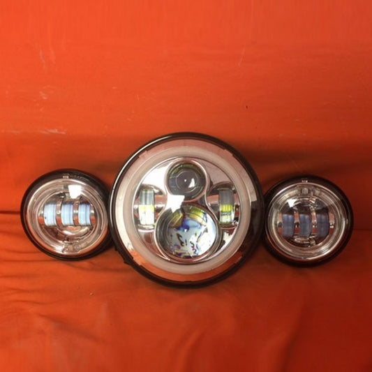 7" DAYMAKER White HALO Headlight   Dual 4.5" - 4 1/2" HALO Auxiliary AUX Chrome Spot Passing LED Fog Lights Bulb Harley SET