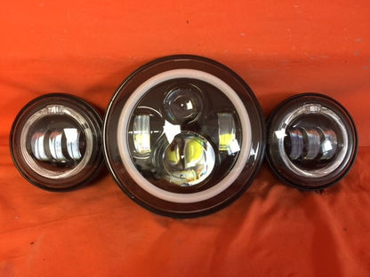 7" DAYMAKER Blue HALO Headlight   Dual 4.5" - 4 1/2" HALO Auxiliary AUX Black Spot Passing LED Fog Lights Bulb Harley SET