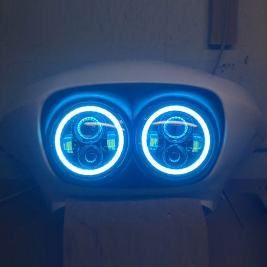 DUAL 7" DAYMAKER BLUE HALO LED Replacement ROAD GLIDE Chrome Light Bulb Headlight Motorcycle Harley   Bezel