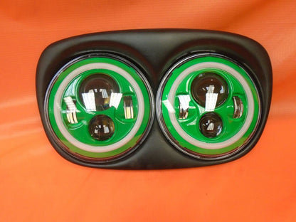 DUAL 7" GREEN DAYMAKER GREEN HALO LED ROAD GLIDE Black Light Bulb Headlight Motorcycle Harley   Bezel