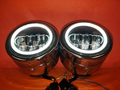 Harley Chrome Dual Twin DAYMAKER Headlights with Bracket Light Bar for FAT BOB STREET BOB DYNA - White Halo