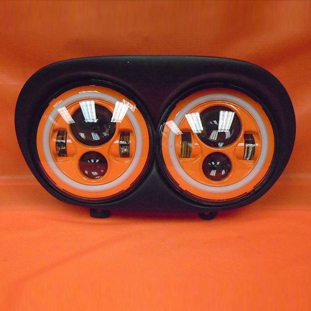 DUAL 7" ORANGE DAYMAKER 2014 - 2018   ORANGE HALO LED ROAD GLIDE Black Light Bulb Headlight Harley   Bezel