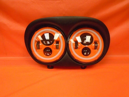 DUAL 7" ORANGE DAYMAKER 2014 - 2018   ORANGE HALO LED ROAD GLIDE Black Light Bulb Headlight Harley   Bezel
