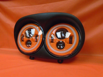 DUAL 7" ORANGE DAYMAKER 2014 - 2018   ORANGE HALO LED ROAD GLIDE Black Light Bulb Headlight Harley   Bezel