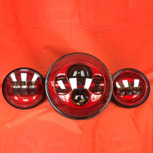 7" DAYMAKER RED Headlight   Red Dual 4.5" - 4 1/2" Auxiliary AUX Spot Passing LED Fog Lights Bulb Harley SET