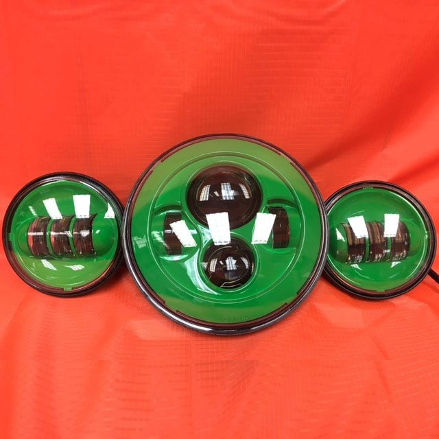 7" DAYMAKER GREEN Headlight   Green Dual 4.5" - 4 1/2" Auxiliary AUX Spot Passing LED Fog Lights Bulb Harley SET