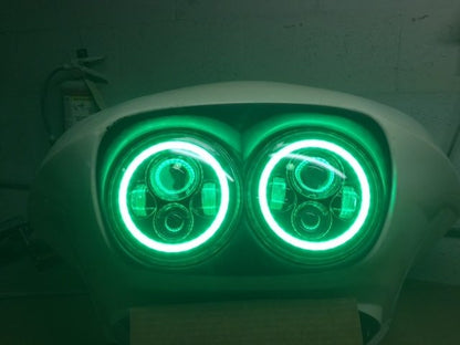 DUAL 7" DAYMAKER GREEN HALO LED Replacement ROAD GLIDE Chrome Light Bulb Headlight Motorcycle Harley   Bezel