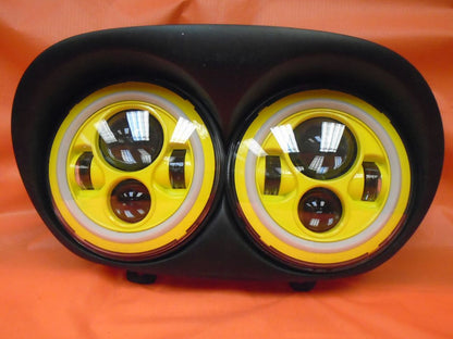 DUAL 7" YELLOW DAYMAKER 2014 - 2018   YELLOW HALO LED ROAD GLIDE Black Light Bulb Headlight Harley   Bezel