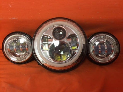 7" DAYMAKER Blue HALO Headlight   Dual 4.5" - 4 1/2" BLUE HALO Auxiliary AUX Chrome Spot Passing LED Fog Lights Bulb Harley SET