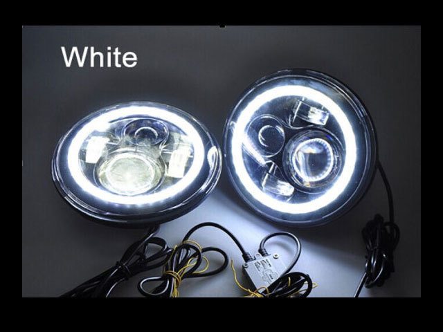 7" DAYMAKER Black Angel Eye WHITE HALO Projector HID LED Light Bulb Headlight Motorcycle Harley